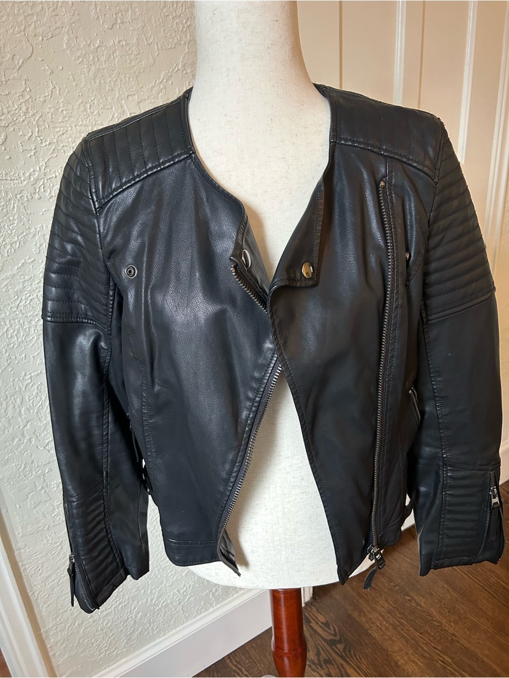 Topshop Black Quilted Sleeve Moto Faux Leather Jacket
